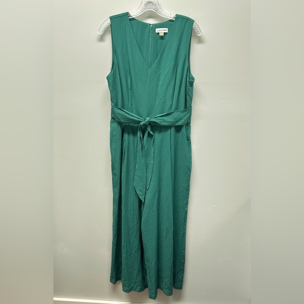 Calvin Klein Sleeveless Wide Leg Jumpsuit | Green, V-Neck, Tie belt, Crepe Sz 14 - Picture 3 of 16